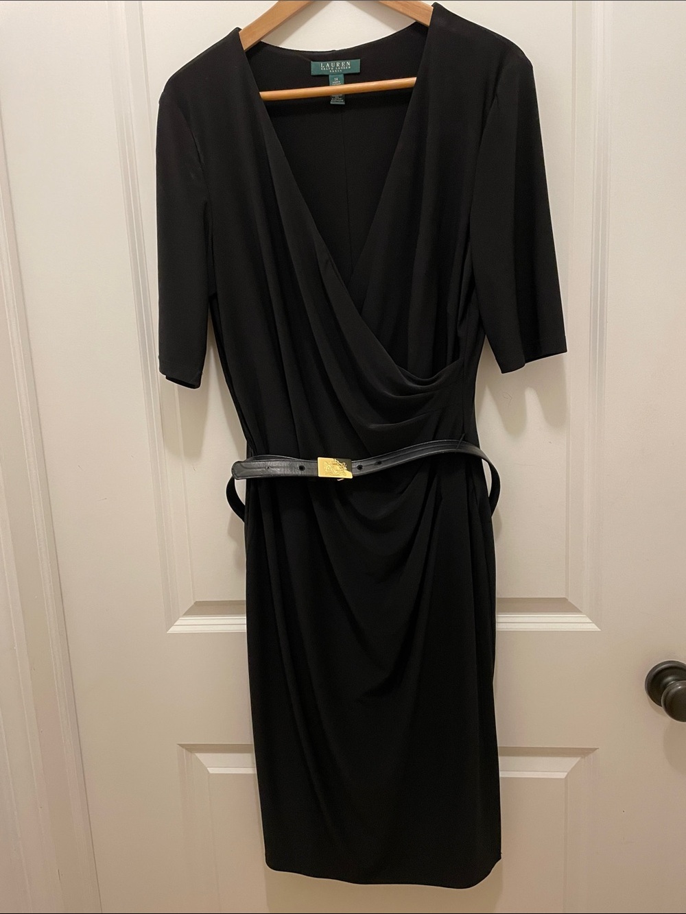 Lauren Ralph Lauren Black Draped Wrap-Front Midi Dress